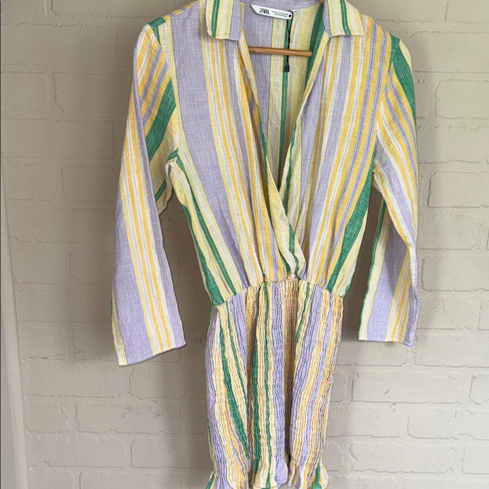 Zara Multicolor Striped Dress smocked lower faux wrap XS NEW - Picture 2 of 4
